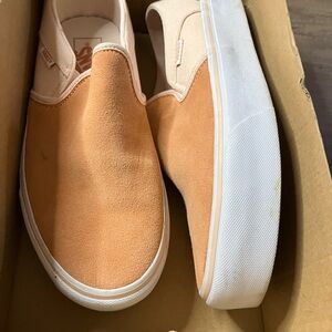 Vans Tan and White Slip-On Sneakers